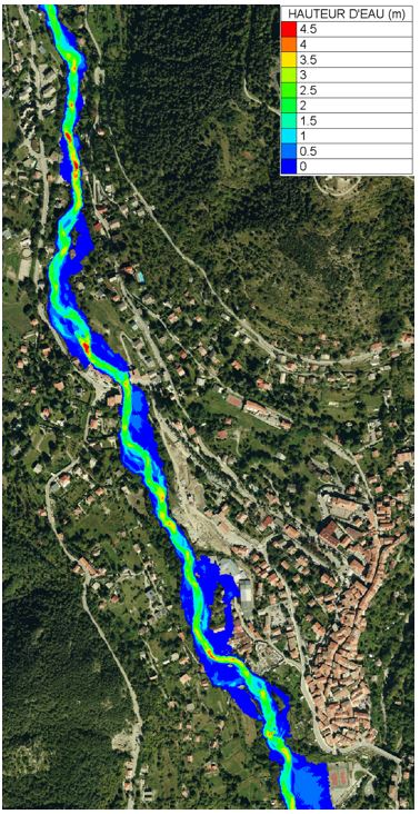 Premiers résultats de hauteur d'eau simulée sur le Boréon au niveau du village de Saint-Martin-Vésubie