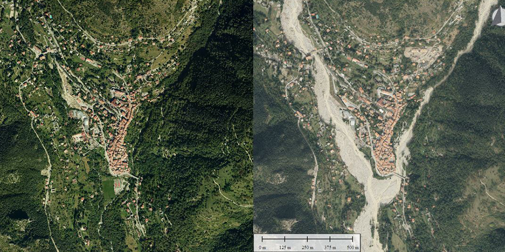 The Boréon at its confluence with the Vésubie in 2014 (left) and in 2020 post-Alex (right).