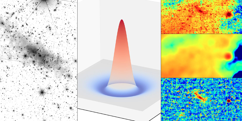 From left to right: Euclid Early Release Observations (ERO) of the galaxy cluster Abell 2390 and its ICL [CREDIT ESA/Euclid/Euclid Consortium/NASA, image processing by J.-C. Cuillandre (CEA Paris-Saclay), G. Anselmi LICENCE CC BY-SA 3.0 IGO]; 3D represent